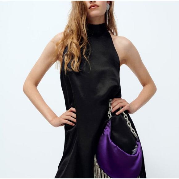 ZARA Mini Satin Halter Dress - M Black - Picture 4 of 5